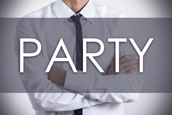PARTY - Young businessman with text - business concept — Stock Photo, Image