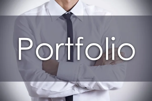 Portfólio - Jovem empresário com texto - conceito de negócio — Fotografia de Stock