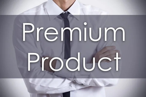 Produto Premium - Jovem empresário com texto - conceito de negócio — Fotografia de Stock