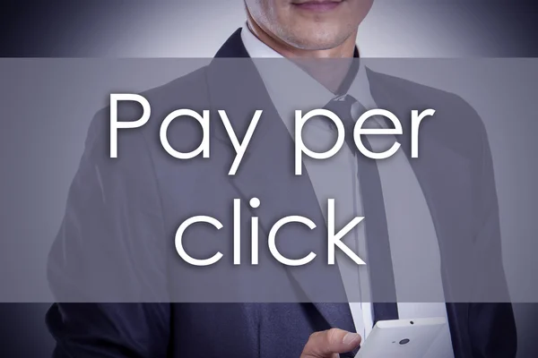 Betala per klick - ung affärsman med text - affärsidé — Stockfoto