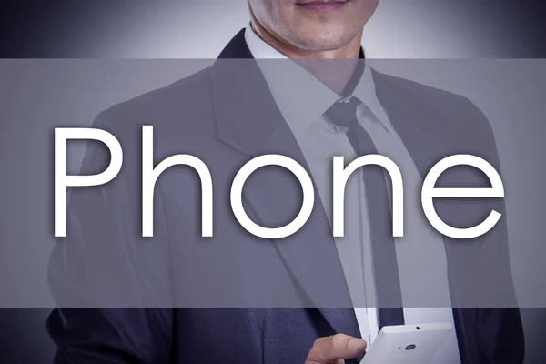 Telefone - Jovem empresário com texto - conceito de negócio — Fotografia de Stock