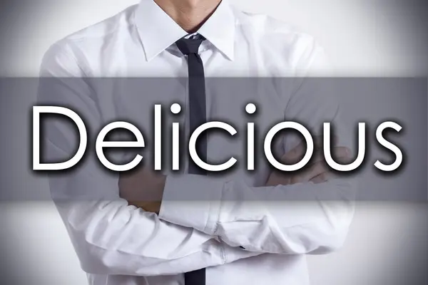 Delicious - νεαρός επιχειρηματίας με κείμενο - επιχειρηματική ιδέα — Φωτογραφία Αρχείου