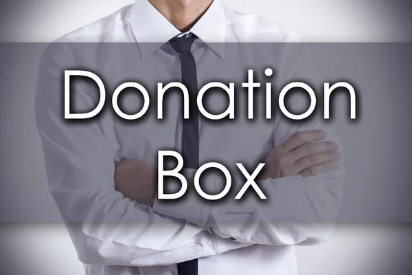 Spendenbox - Jungunternehmer mit Text - Geschäftskonzept — Stockfoto