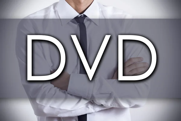DVD - jonge zakenman met tekst - bedrijfsconcept — Stockfoto