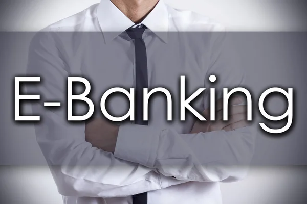 E-Banking - молодий бізнесмен з текстом - бізнес-концепція — стокове фото