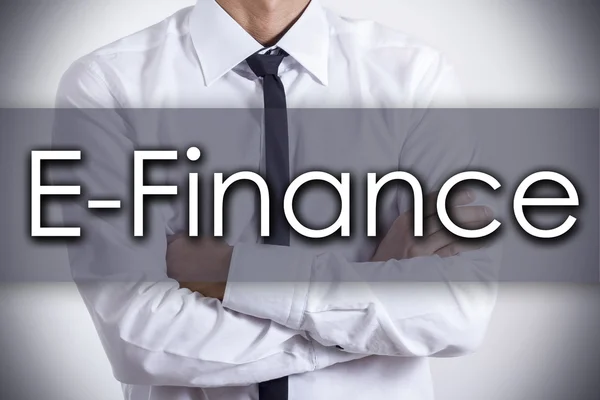 E-Finance - ung affärsman med text - affärsidé — Stockfoto