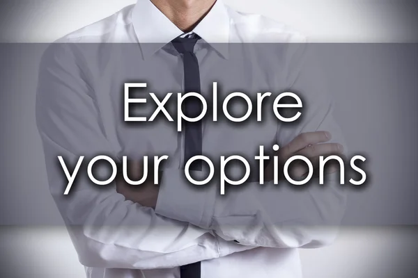 Explore your options - Young businessman with text - business co — Stock Photo, Image