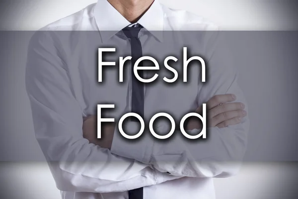 Alimentos frescos - Jovem empresário com texto - conceito de negócio — Fotografia de Stock
