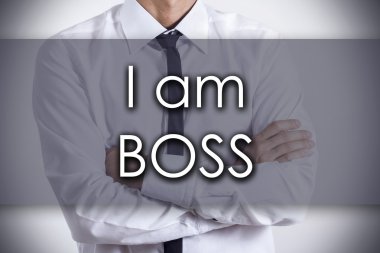 Patron - metin ile genç işadamı - iş kavramı olduğumu