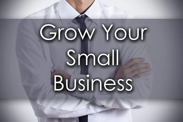 Crescer o seu pequeno negócio - Jovem empresário com texto - busines — Fotografia de Stock