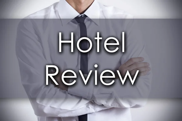 Hotel Review - Tânăr om de afaceri cu text - concept de afaceri — Fotografie, imagine de stoc