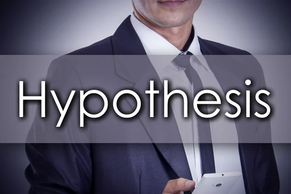 Hipotézis - fiatal üzletember szöveggel - üzleti koncepció — Stock Fotó