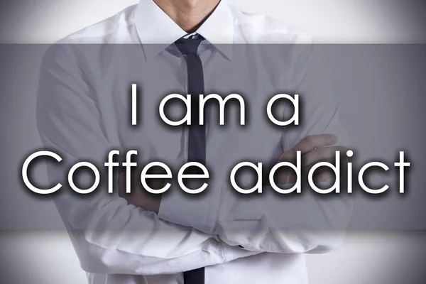 Soy un adicto al café - Joven hombre de negocios con texto - co negocios —  Fotos de Stock