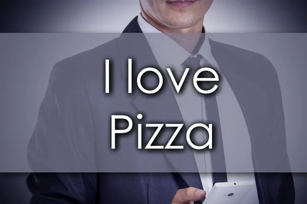 Я люблю Піца - молодий бізнесмен з текстом - бізнес-концепція — стокове фото
