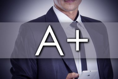 A + - metin ile genç işadamı - iş kavramı