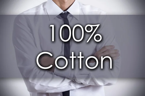 100 % coton - Jeune homme d'affaires avec texte - concept d'entreprise — Photo