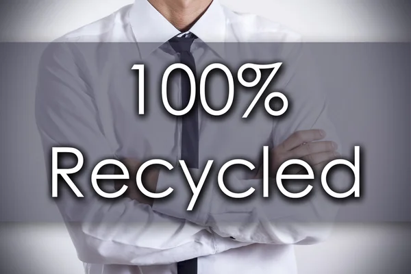 100% z recyklingu - młody biznesmen z tekstem - koncepcja biznesowa — Zdjęcie stockowe