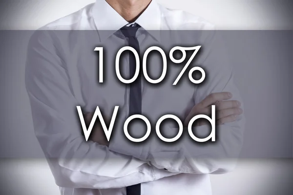 100% Wood - Young businessman with text - business concept — Stock Photo, Image