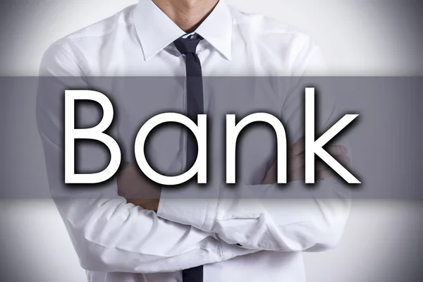 Bank - fiatal üzletember szöveggel - üzleti koncepció — Stock Fotó