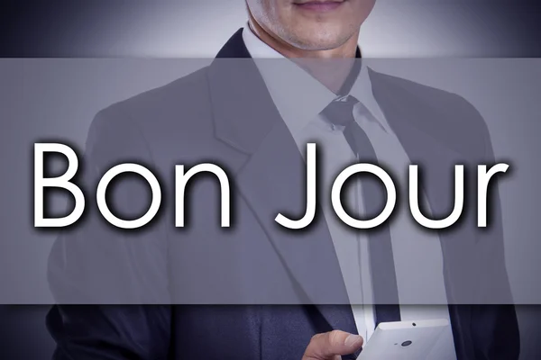 Bon Jour - Giovane imprenditore con testo - concetto di business — Foto Stock
