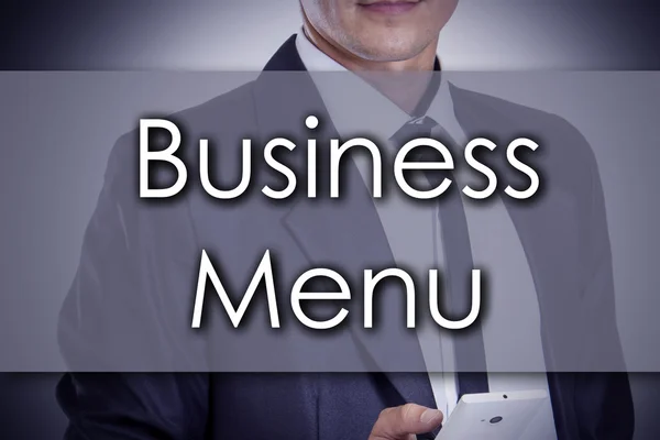 Menu de Negócios - Jovem empresário com texto - conceito de negócio — Fotografia de Stock