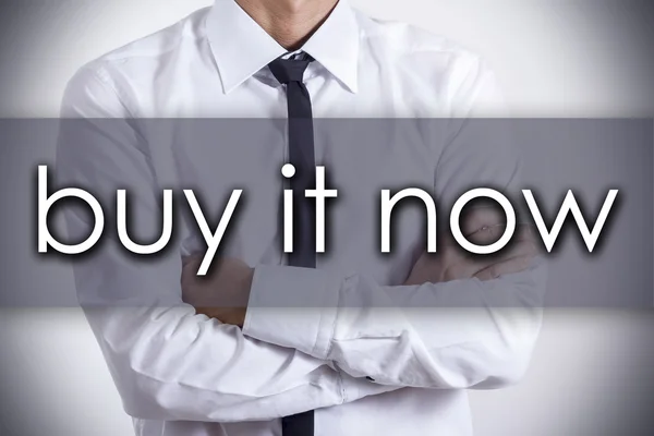 buy it now - Young businessman with text - business concept