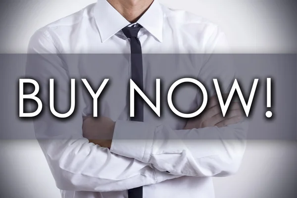 BUY NOW! - Young businessman with text - business concept — Stock Photo, Image