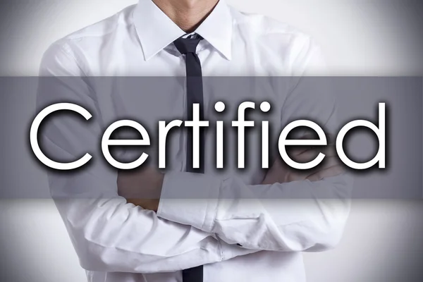 Certificado - Joven empresario con texto - concepto de negocio — Foto de Stock