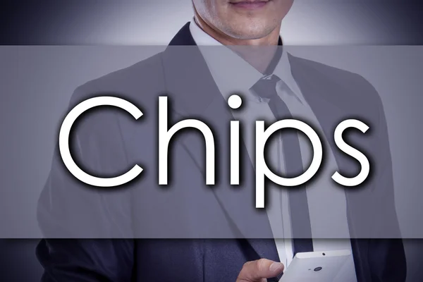 Chips - Young businessman with text - business concept — Stock Photo, Image