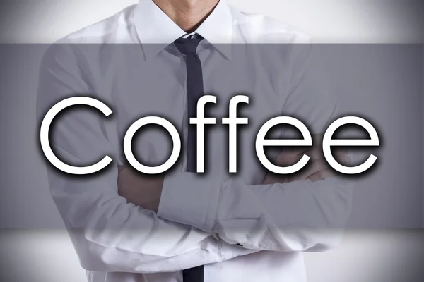 Кофе - Молодой бизнесмен с текстом - бизнес-концепция — стоковое фото