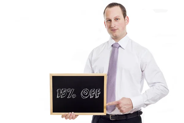 15 percent off - Young businessman with blackboard — Stock Photo, Image