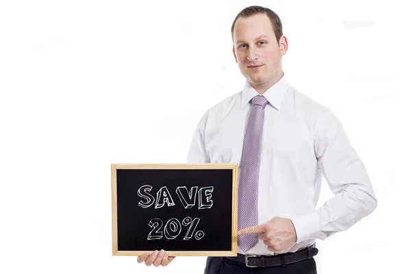 Save 20 percent - Young businessman with blackboard — Stock Photo, Image