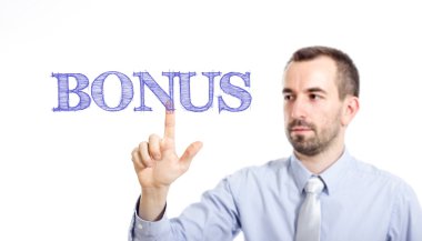 Bonus - mavi metin ile genç işadamı