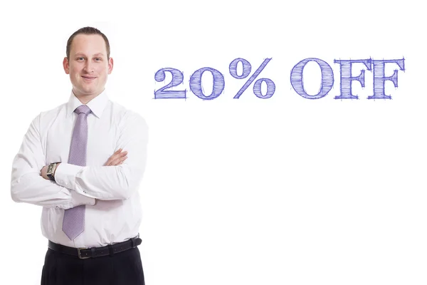 20 procents rabatt - ung affärsman med blå text — Stockfoto