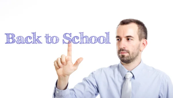 Zurück zur Schule - Jungunternehmer mit blauem Text — Stockfoto