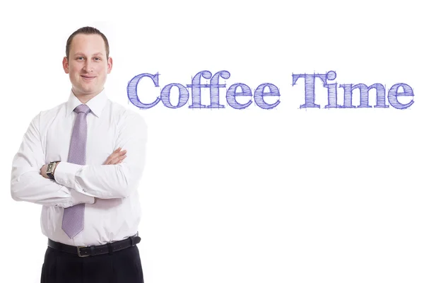 Coffee Time - молодий бізнесмен з синім текстом — стокове фото