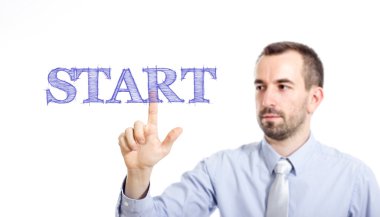 Başlat - mavi metin ile genç işadamı