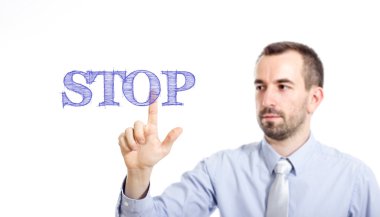 Dur - mavi metin ile genç işadamı