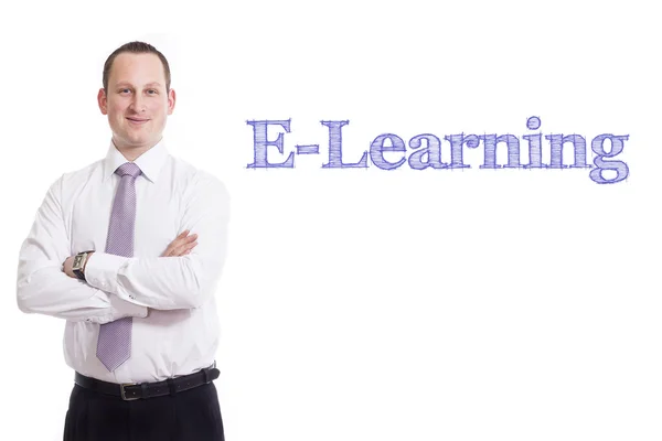 E-learning - ung affärsman med blå text — Stockfoto