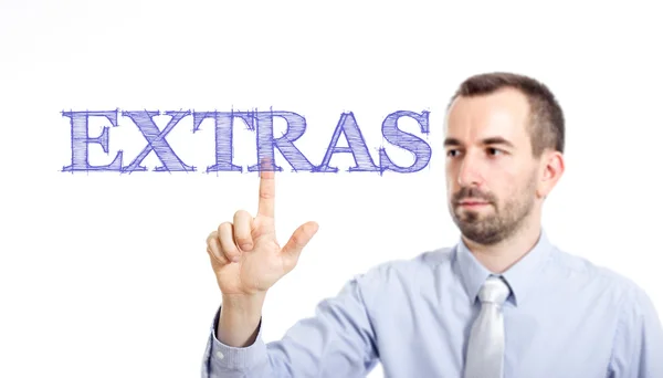 Extras - νέος επιχειρηματίας με μπλε κείμενο — Φωτογραφία Αρχείου