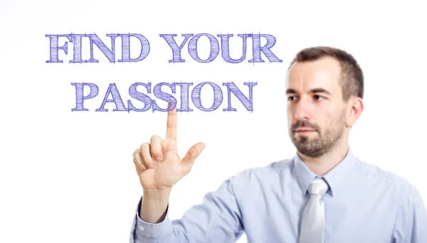 Find your passion - Young businessman with blue text — Stock Photo, Image