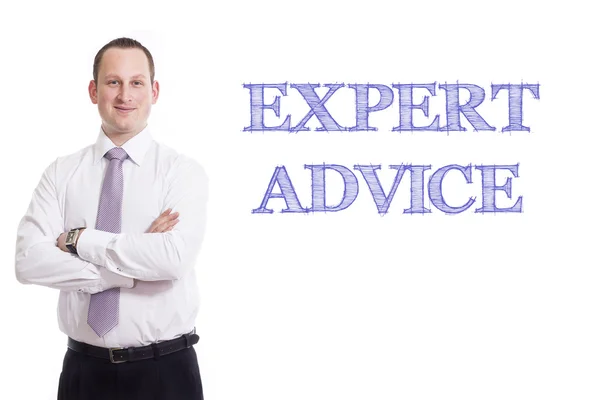 Deskundig advies - jonge zakenman met blauwe tekst — Stockfoto