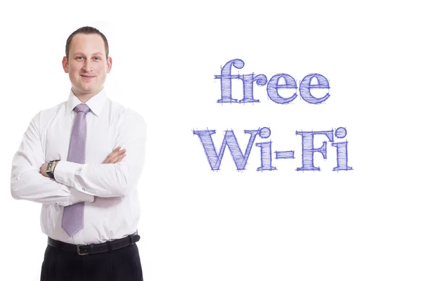 Wi-Fi gratis Joven hombre de negocios con texto azul aislado sobre fondo blanco —  Fotos de Stock