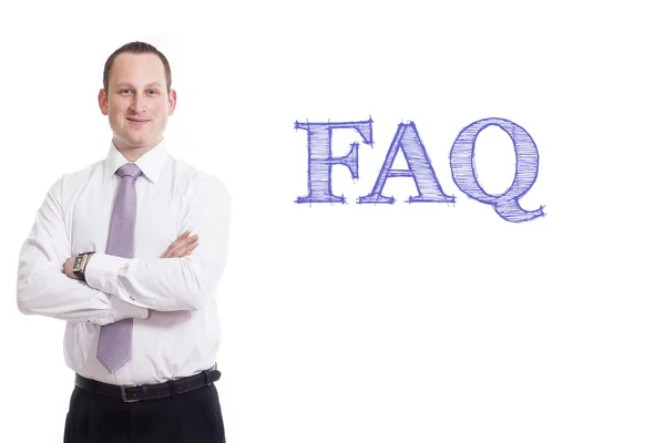FAQ Joven hombre de negocios con texto azul aislado sobre fondo blanco —  Fotos de Stock