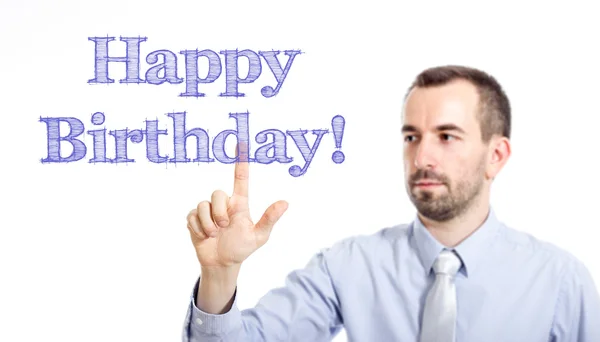 Proficiat met je verjaardag! -Jonge zakenman met blauwe tekst — Stockfoto