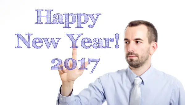 ¡Feliz Año Nuevo! 2017 - Joven hombre de negocios con texto azul — Foto de Stock