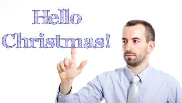 Hello Christmas - Young businessman with blue text — Stock Photo, Image