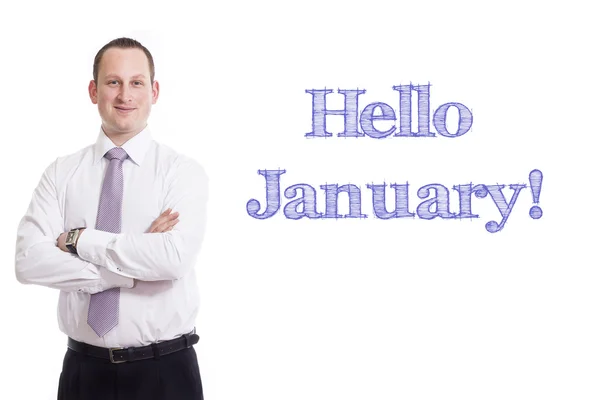 Hola enero - Joven hombre de negocios con texto azul —  Fotos de Stock