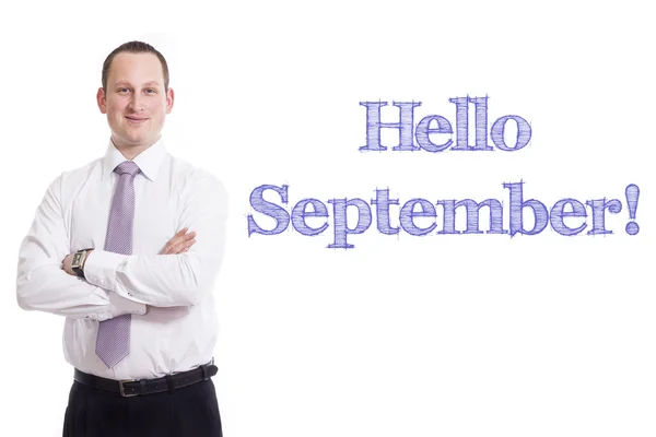 Hello September - Молодий бізнесмен з синім текстом — стокове фото