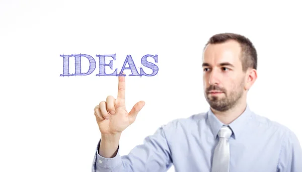 IDEAS - Молодой бизнесмен с синим текстом — стоковое фото